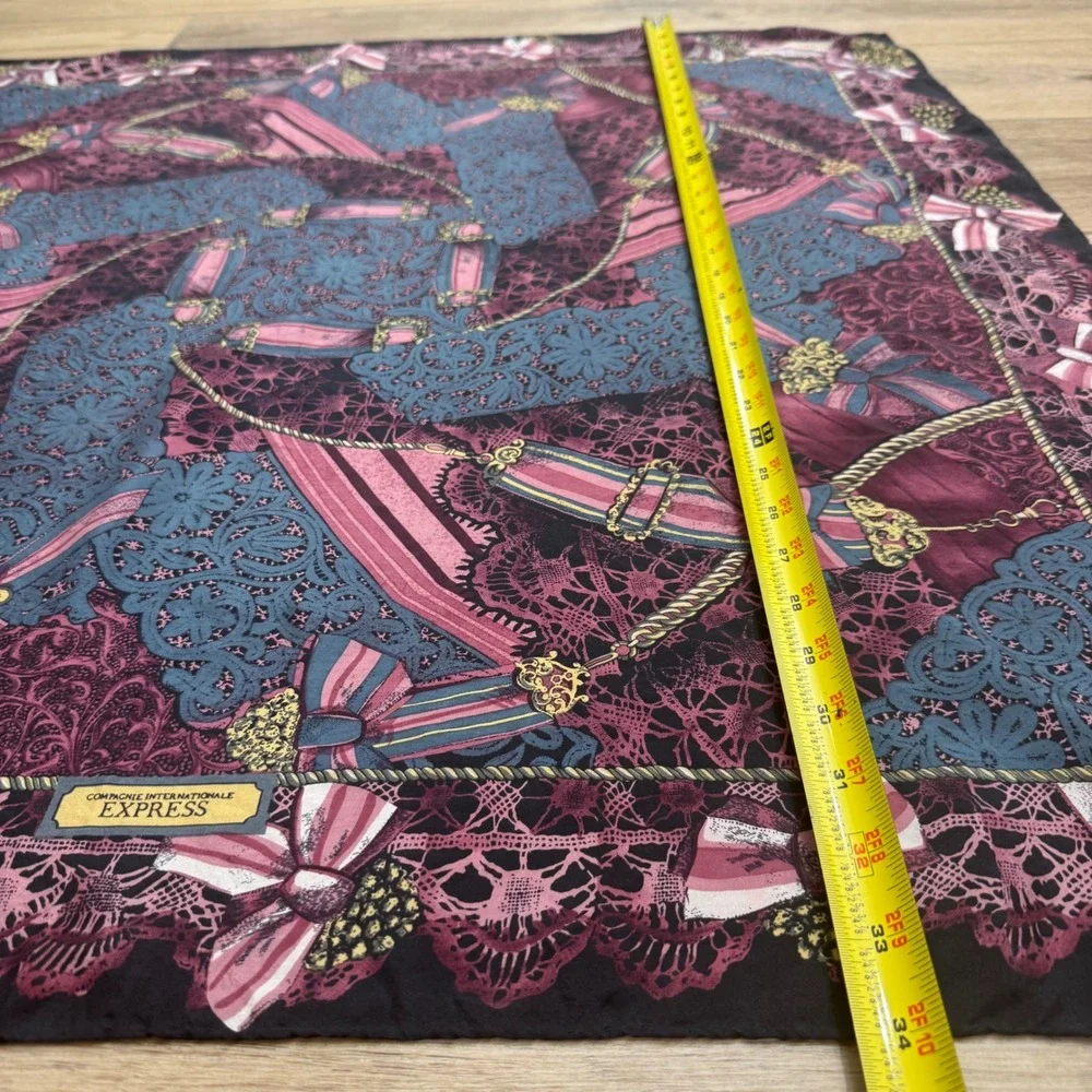 Vintage Express Square Silk Scarf Black Burgundy‎ Lace Bow Chain Dark Coquette